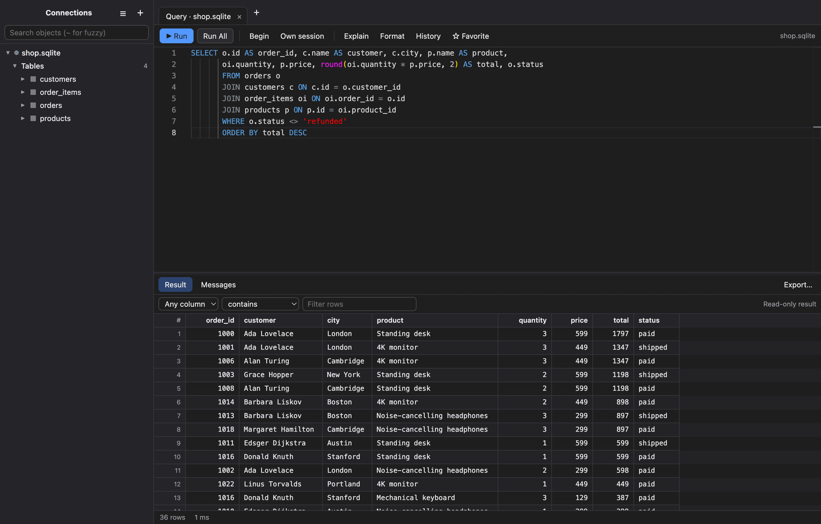 DB Studio Pro editor and results grid