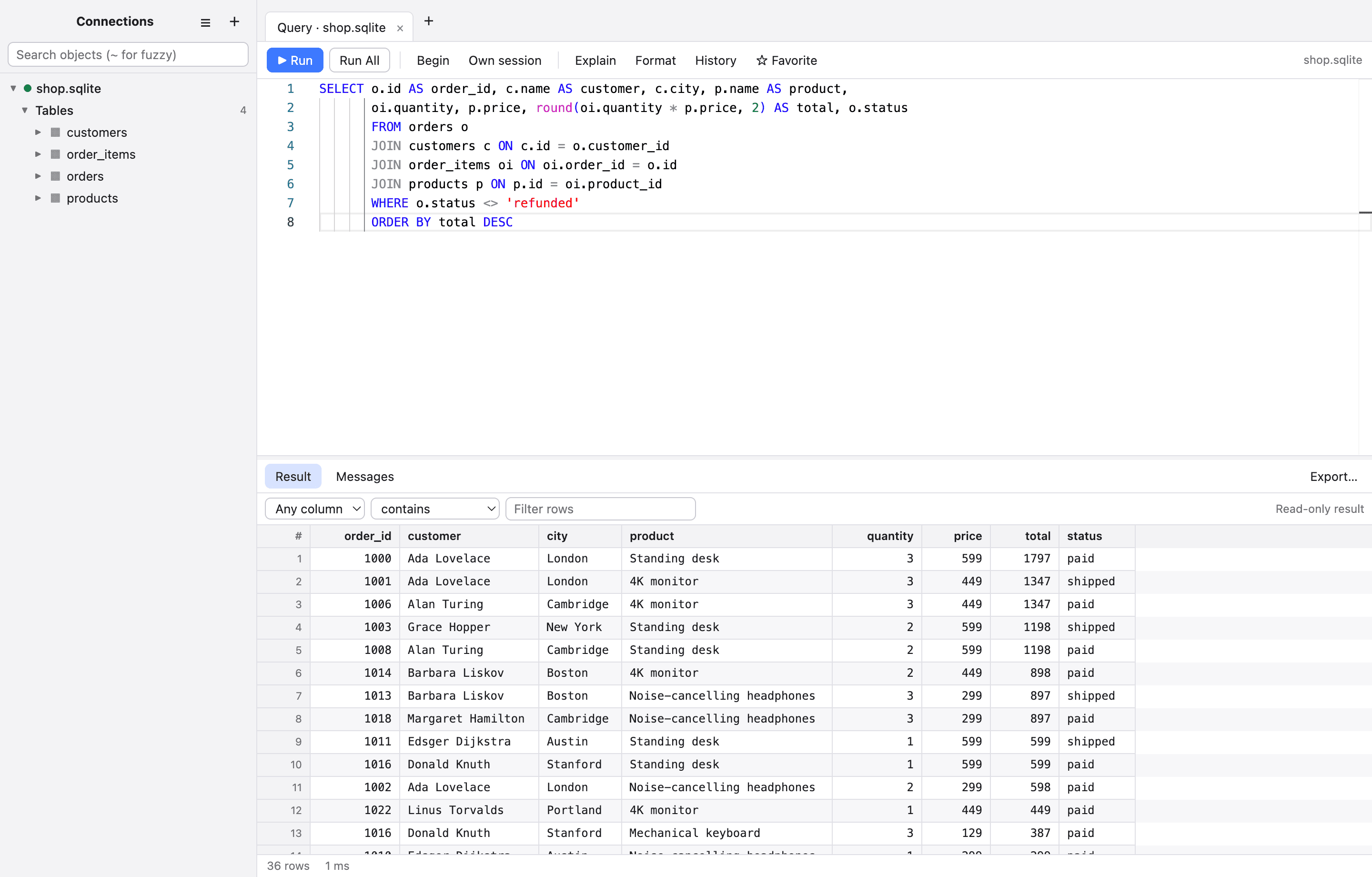 DB Studio Pro editor and results grid